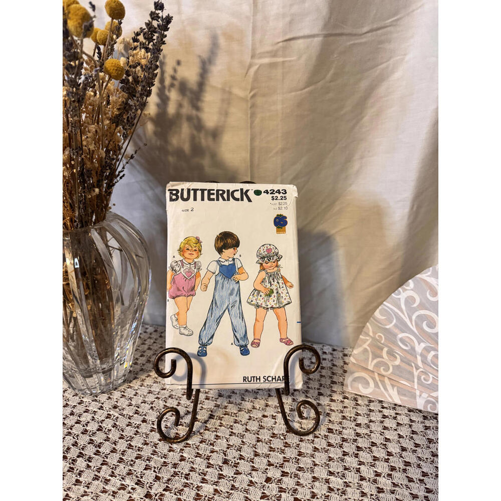 Rare Vintage Ruth Scharf Butterick 4243 Toddler Jumpsuit, Dress Hat Size 2 UNCUT